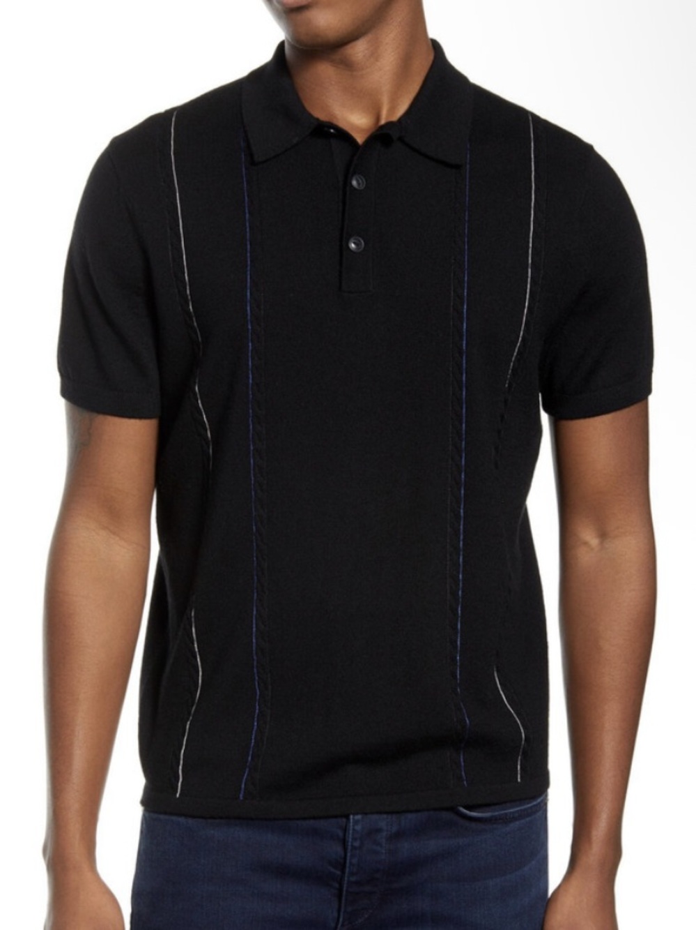 Rag & Bone Wool Blend Jameson Polo Short Sleeve Top Pinstripe Black Size Small